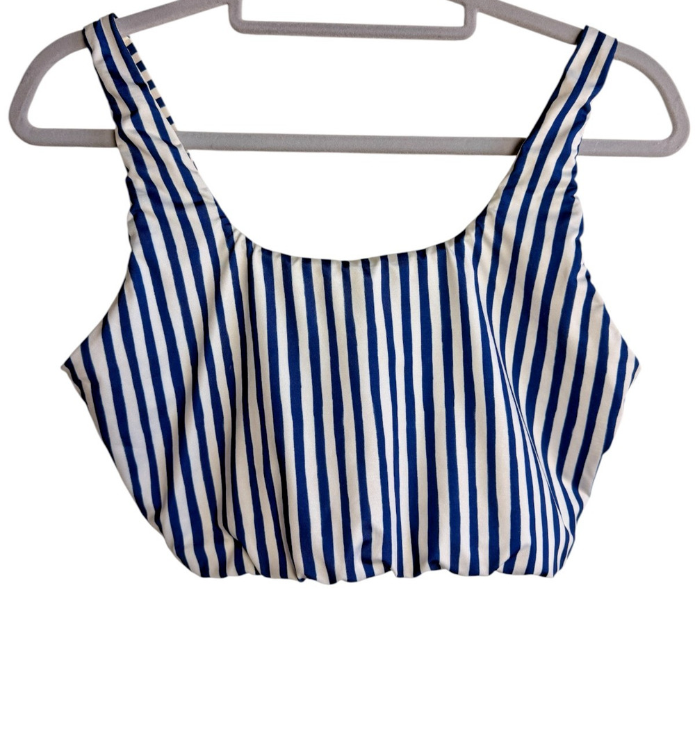 Kitty and Vibe Navy White Stripe Scoop Neck Bikini Top Size M+ Adjustable Straps